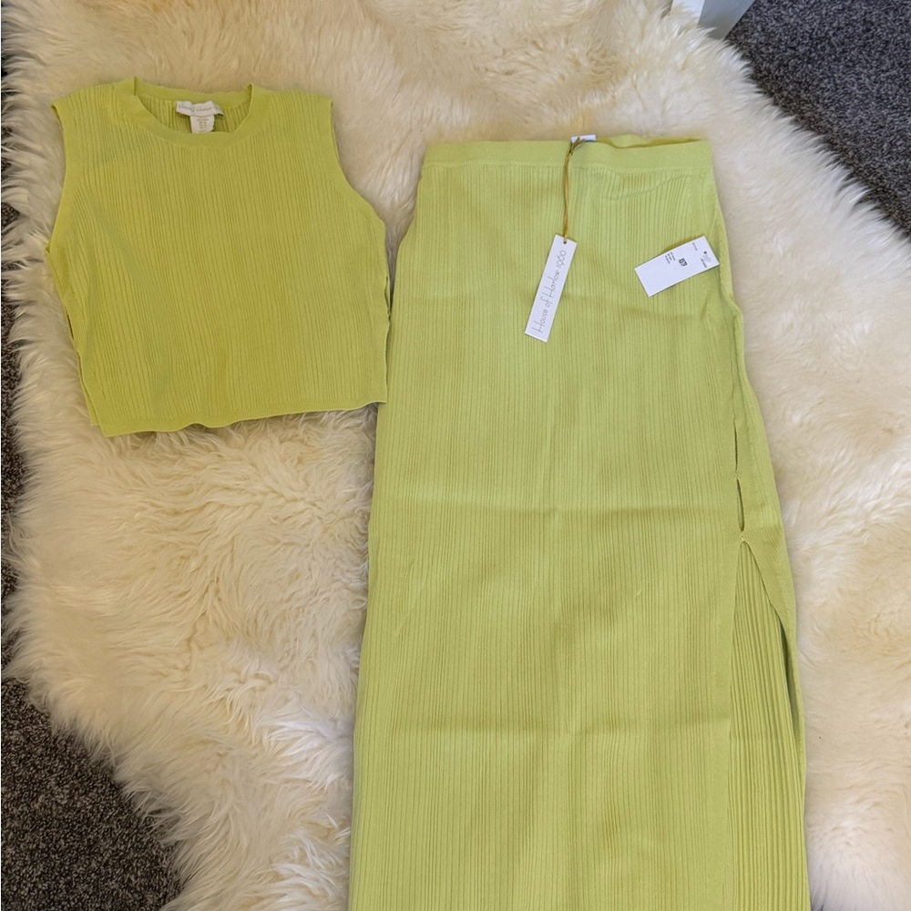 Green Ribbed Top and Skirt Set